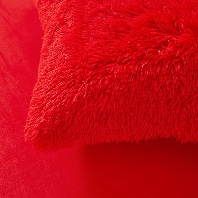 Fluffy Red comforters Cover twin size - Ultra Soft Plush red bedding Sets 2 Pieces (1 faux fur comforter Cover + 1 fuzzy pillow case) girls shaggy red twin bed set (Red, Twin) - LeafyLoom