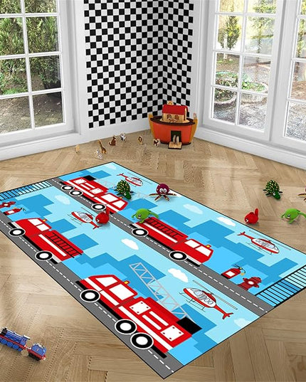 Car Rug Play Mat Car Rug Play Mat Car Rug for Boys Room Fire Fighting Truck Red Car Printed Rug Play Rug for Cars and Trucks Play Rugs for Kids Rooms,Light Blue 5'×7' - LeafyLoom