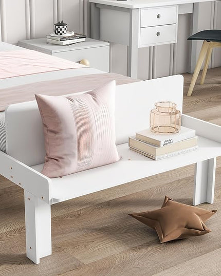 Twin Bed with Footboard Bench, Twin Kid Bed with Headboard, Wood Slat Support, Cute Kid Bed Frame with Book Storage Space, Twin Car Bed for Boys Girls Bedroom, No Box Spring Needed, White - LeafyLoom
