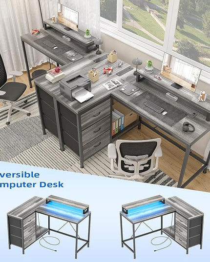 L Shaped Desk with Power Outlets & LED Lights, Computer Desk with Drawers & Shelves, Corner Desk Gaming Desk Home Office Desk, Oak - LeafyLoom