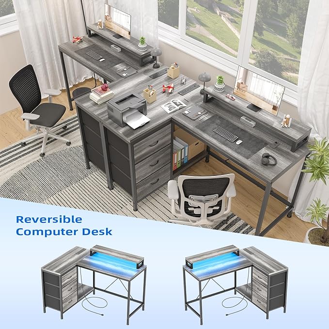 L Shaped Desk with Power Outlets & LED Lights, Computer Desk with Drawers & Shelves, Corner Desk Gaming Desk Home Office Desk, Oak - LeafyLoom