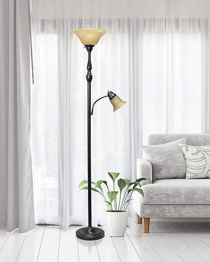 Elegant Designs LF2003-RBA 2 Light Mother Daughter Floor Lamp with Amber Marble Glass Shades, Restoration Bronze and Amber - LeafyLoom