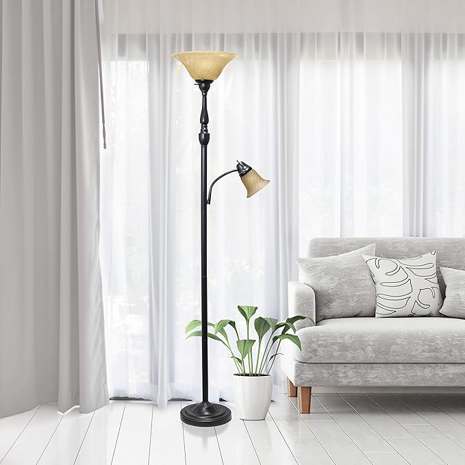 Elegant Designs LF2003-RBA 2 Light Mother Daughter Floor Lamp with Amber Marble Glass Shades, Restoration Bronze and Amber - LeafyLoom