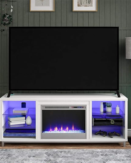 Ameriwood Home Lumina Fireplace TV Stand for TVs up to 70 Inch, Replaceable Electric Fireplace Insert Heater, Remote Control, Timer, Color Changing LED Lights, Crystal Ember Flames, White - LeafyLoom