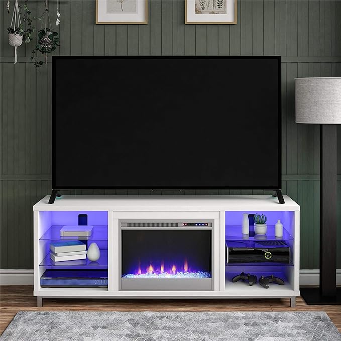 Ameriwood Home Lumina Fireplace TV Stand for TVs up to 70 Inch, Replaceable Electric Fireplace Insert Heater, Remote Control, Timer, Color Changing LED Lights, Crystal Ember Flames, White - LeafyLoom