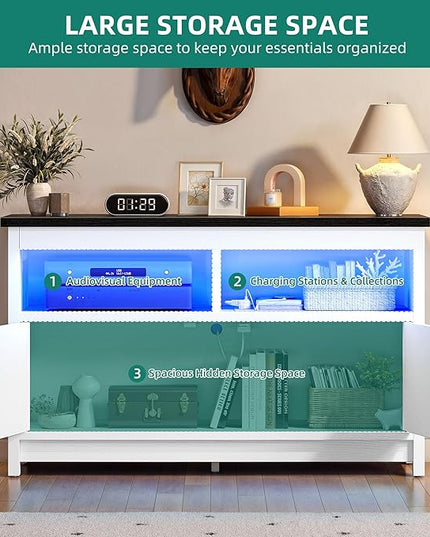 YITAHOME Entertainment Center with Power Outlets, RGB LED TV Stand for up to 40 Inch TVs, Farmhouse Media Console TV Cabinet for Living Room, X-Shape Design (35 Inches, Black/White) - LeafyLoom