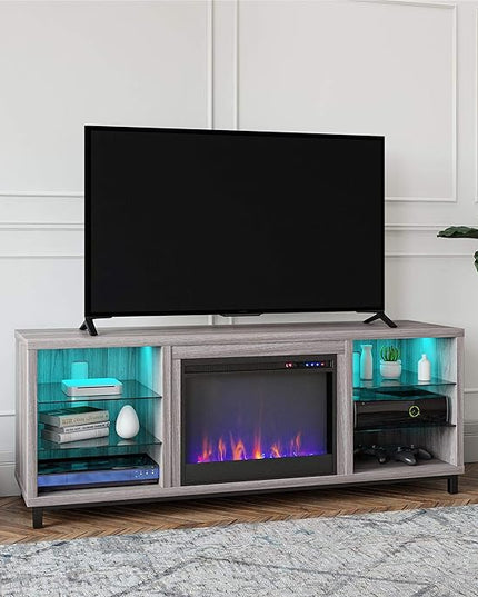 Ameriwood Home Lumina Fireplace TV Stand for TVs up to 70 Inch, Replaceable Electric Fireplace Insert Heater, Remote Control, Timer, Color Changing LED Lights, Crystal Ember Flames, Light Walnut - LeafyLoom