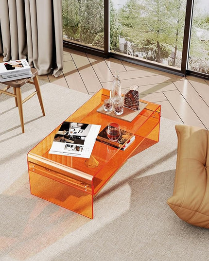 Acrylic Coffee Table for Living Room Clear Rectangle Lucite Table with Open Storage Shelf, Orange - LeafyLoom