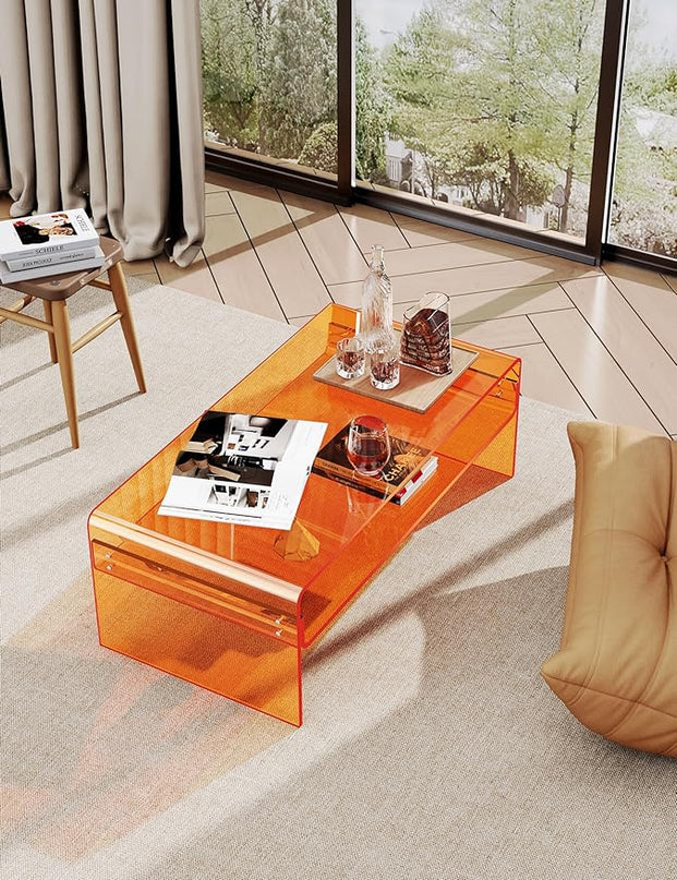 Acrylic Coffee Table for Living Room Clear Rectangle Lucite Table with Open Storage Shelf, Orange - LeafyLoom