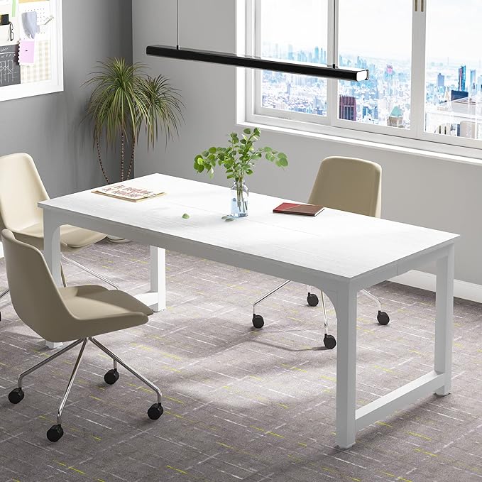 Tribesigns Modern Computer Desk, 70.8 x 31.5 inch Large Office Desk Computer Table Study Writing Desk Workstation for Home Office, White Metal Frame - LeafyLoom