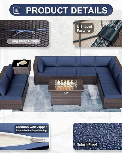 Patio Furniture Sectional Sofa 10PCS PE Rattan Patio Conversation Set w/43in Gas Fire Pit Table, Patio Outdoor Furniture with 55000 BTU Propane Fire Pit, Navy Blue - LeafyLoom