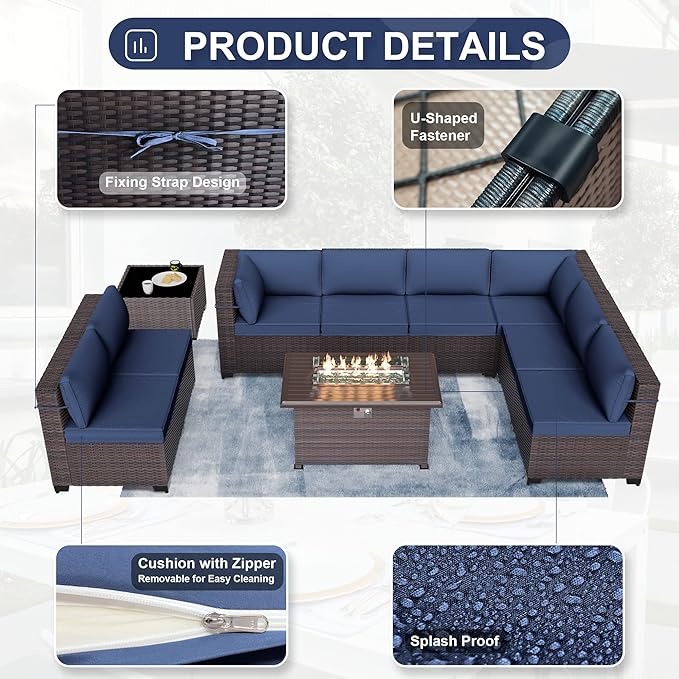 Patio Furniture Sectional Sofa 10PCS PE Rattan Patio Conversation Set w/43in Gas Fire Pit Table, Patio Outdoor Furniture with 55000 BTU Propane Fire Pit, Navy Blue - LeafyLoom