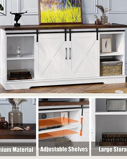 IDEALHOUSE Farmhouse TV Stand, Entertainment Center for 65 Inch TV Media Console Table, White Barn Door TV Stand with Storage and Shelves, Modern TV Console Cabinet Furniture for Living Room - LeafyLoom