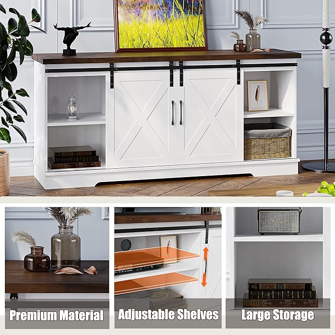 IDEALHOUSE Farmhouse TV Stand, Entertainment Center for 65 Inch TV Media Console Table, White Barn Door TV Stand with Storage and Shelves, Modern TV Console Cabinet Furniture for Living Room - LeafyLoom