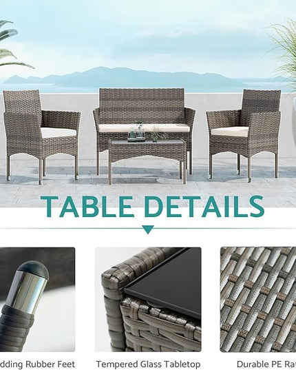 Patio Furniture, 4 Piece Conversation Set, Outdoor Wicker Rattan Table and Chairs, Sectional Sofa with Thick Cushion for Garden, Yard, or Porch, Brown - LeafyLoom
