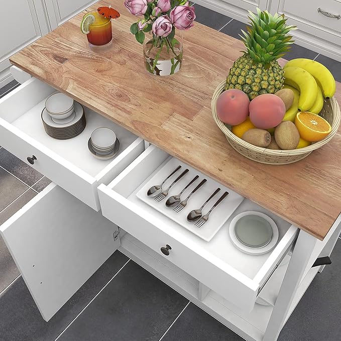 ChooChoo Kitchen Cart on Wheels with Wood Top, Utility Wood Kitchen Islands with Storage and Drawers, Easy Assembly - White - LeafyLoom