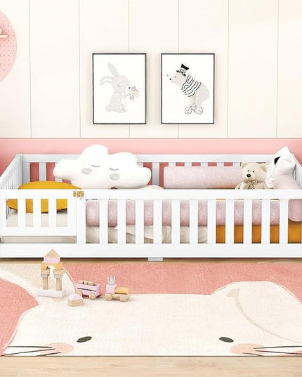 Multifunctional Full Size Floor Bed with Safety Guardrails and Door, Removable Wood Slats, Montessori Beds Frame for Toddlers, for Boys and Girls, White - LeafyLoom