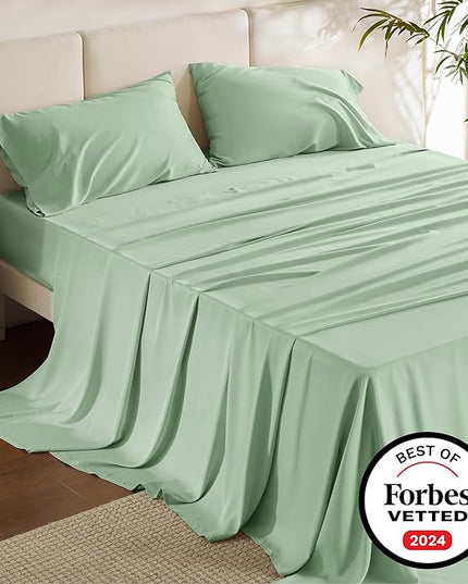 Bedsure California King Sheet Sets, Cooling Sheets, Rayon Derived from Bamboo, Deep Pocket Up to 16", Breathable & Soft Bed Sheets, Hotel Luxury Silky Bedding Sheets & Pillowcases, Sage Green - LeafyLoom