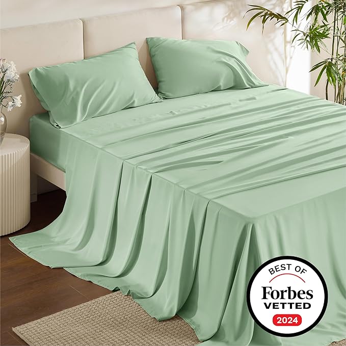 Bedsure California King Sheet Sets, Cooling Sheets, Rayon Derived from Bamboo, Deep Pocket Up to 16", Breathable & Soft Bed Sheets, Hotel Luxury Silky Bedding Sheets & Pillowcases, Sage Green - LeafyLoom