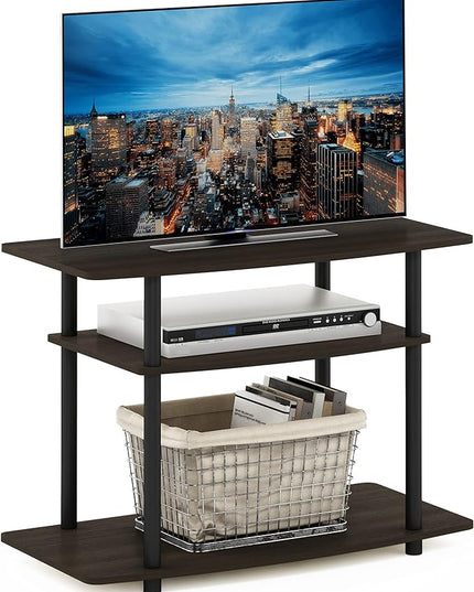 Furinno Turn-N-Tube No Tools 3-Tier Entertainment Center TV Stand for TV up to 32 Inch, Plastic Round Tubes, Dark Brown/Black - LeafyLoom