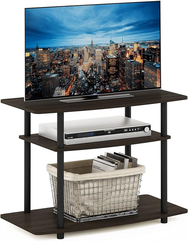 Furinno Turn-N-Tube No Tools 3-Tier Entertainment Center TV Stand for TV up to 32 Inch, Plastic Round Tubes, Dark Brown/Black - LeafyLoom