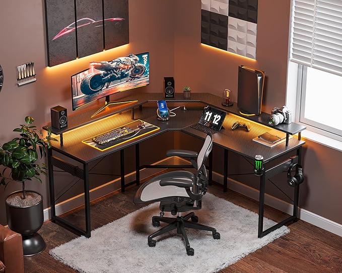 ODK L Shaped Gaming Desk with LED Lights & Power Outlets, 51" Computer Desk with Full Monitor Stand, Corner Desk with Cup Holder, Gaming Table with Hooks, Black Carbon Fiber - LeafyLoom