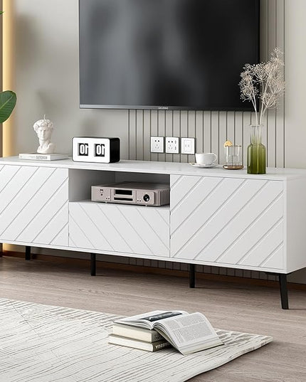 Merax Modern TV Stand for 70" Television, Entertainment Center with Adjustable Shelves, 1 Drawer, Open Shelf and Metal Feet, Media Console Table, for Living Room, 66.9 inch Length, White - LeafyLoom