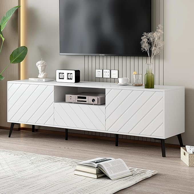 Merax Modern TV Stand for 70" Television, Entertainment Center with Adjustable Shelves, 1 Drawer, Open Shelf and Metal Feet, Media Console Table, for Living Room, 66.9 inch Length, White - LeafyLoom