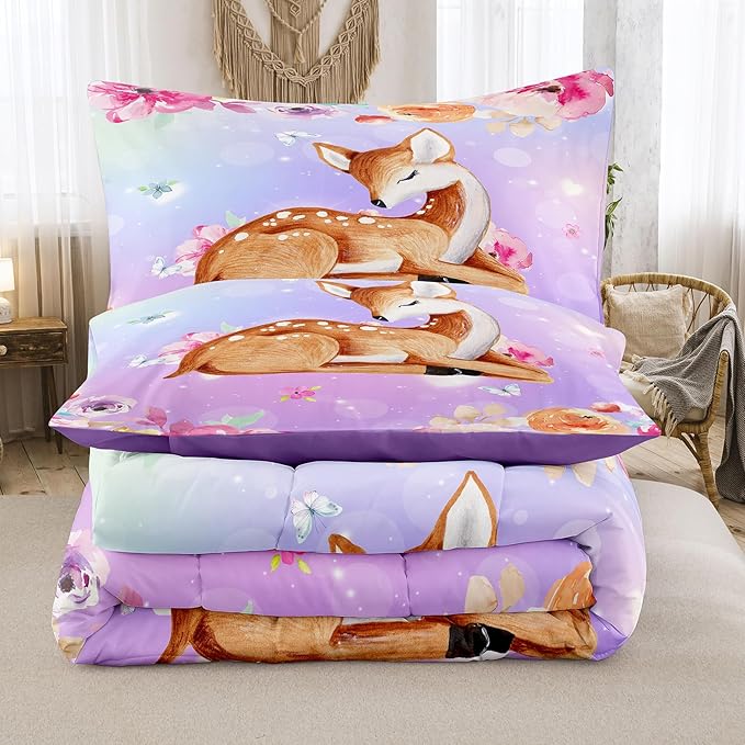 NINENINE Deer Bedding Kawaii Deer Comforter Sets for Girls Kids,Cute Deer Bedding Queen Size Comforter sets for Girls,Watercolor Wildlife Bedding Set with 1 Comforter 2 Pillowcases… - LeafyLoom