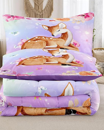 NINENINE Cute Deer Bedding for Girls Kawaii Deer Comforter Sets for Girls,Pink Deer Bedding Twin Bedding Set for Kids Girls,Watercolor Wildlife Comforter with 1 Comforter 1 Pillowcase… - LeafyLoom