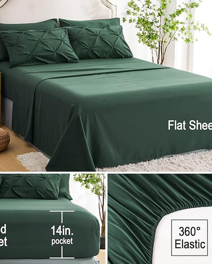 Ubauba 7pc King Size Comforter Set with Sheets Dark Green, Emerald 7 Pieces Pinch Pleat Bed in a Bag, All Season Hunter Green Beddings Set with Comforters (Green,King) - LeafyLoom