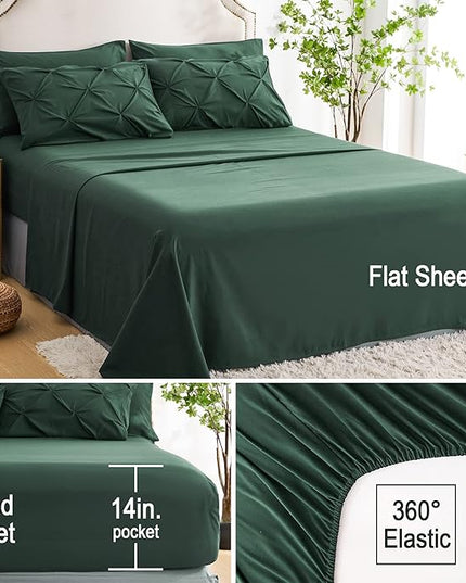 Ubauba 7pc Dark Green Full Size Comforter Set with Sheets, Emerald Green Pinch Pleating Bed in a Bag with Comforter 7 Piece Set, All Season Pintuck Bedding Sets (Green,Full) - LeafyLoom