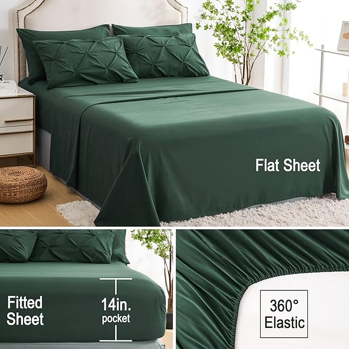 Ubauba 7pc Dark Green Full Size Comforter Set with Sheets, Emerald Green Pinch Pleating Bed in a Bag with Comforter 7 Piece Set, All Season Pintuck Bedding Sets (Green,Full) - LeafyLoom