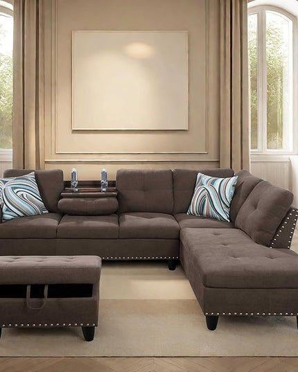 L Shaped Sofa with Ottoman Modern Sectional Living Room, Bedroom, Office, L Couch Brown-Linen - LeafyLoom