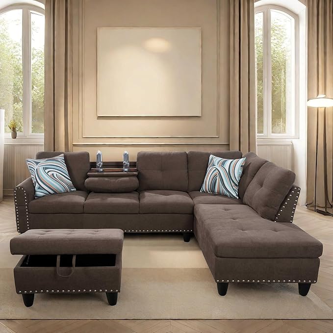 L Shaped Sofa with Ottoman Modern Sectional Living Room, Bedroom, Office, L Couch Brown-Linen - LeafyLoom