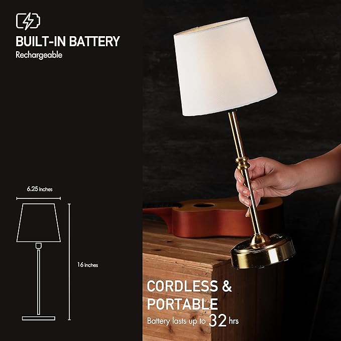 O’Bright Seraph - Cordless LED Table Lamp with Dimmer, Built-in Rechargeable Battery, 3-Level Brightness, Patio Table Lamp, Bedside Night Lamp, Ambient Light for Restaurant, Antique Brass - LeafyLoom