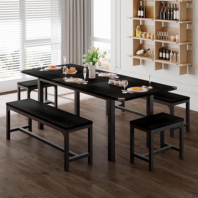 Feonase 5-Piece Dining Table Set for 4-8 People, 63" Large Extendable Kitchen Table Set with 2 Benches and 2 Square Stools, Dining Room Table with MDF Wood Board, Easy Assembly, Black - LeafyLoom