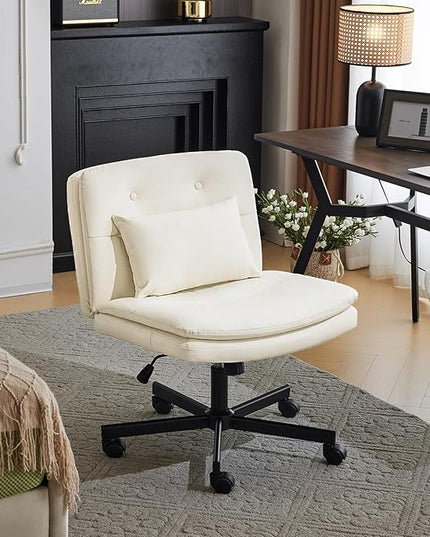 PU Criss Cross Armless Home Office Chair with Replaceable Wheels/Fixed Base and Lumbar Support for Living Room, Wide Seat Adjustable Legged Swivel Chair, Comfy Computer Chair for Vanity, White - LeafyLoom