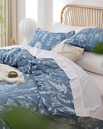 JANZAA Comforters Queen Size Queen Comforter Blue Bedding Cute Floral Bed Set, Lightweight Soft Botanical Flower Comforter and 2 Pillow Cases All Season - LeafyLoom
