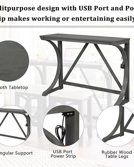 NicBex Kitchen Table for 2 Dining Table 3-Piece Counter Height Dining Table Set with USB Port and Upholstered Stools for Home, Kitchen, Dining Room, Wooden Frame, Gray - LeafyLoom