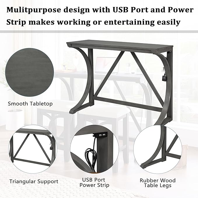 Voohek 3 Piece Counter Height Dining Set, Sofa Table with 2 Stools and USB Port for Bar, Console, Kitchen, Living Room, Apartment, Office, Small Places, Gray - LeafyLoom