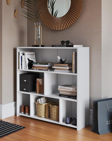 Art in Moveis Mid Century Modern Bookshelf, 6 Cube Storage Shelf - 3 Tier Retro Bookshelf CARB-Free Engineered Wood - White - LeafyLoom