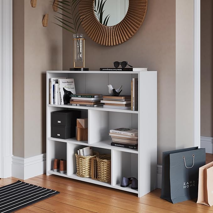 Art in Moveis Mid Century Modern Bookshelf, 6 Cube Storage Shelf - 3 Tier Retro Bookshelf CARB-Free Engineered Wood - White - LeafyLoom