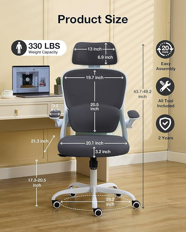 Ergonomic Office Chair with Tilt-Lock, Home Office Desk Chair with Auto Lumbar Support, High Back Mesh Desk Chair with Adjustable Headrest, Swivel Task Chair or Study Room Bedroom,Dark Gray - LeafyLoom