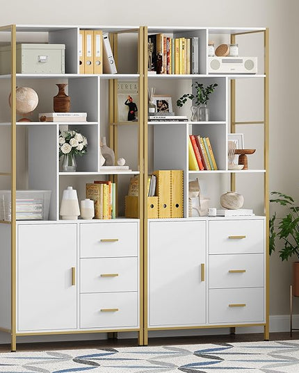 71.2 Inch Tall Bookshelf, Bookcase with door and 3 Drawers, Floor Standing Display Storage Shelves for Home Office, Living Room - LeafyLoom
