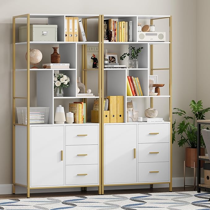 71.2 Inch Tall Bookshelf, Bookcase with door and 3 Drawers, Floor Standing Display Storage Shelves for Home Office, Living Room - LeafyLoom