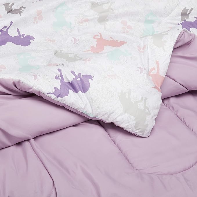 Amazon Basics Easy-Wash Microfiber Kid's 2-Piece Comforter and Pillow Sham Set, Animal Printed, Twin, Purple Unicorns - LeafyLoom