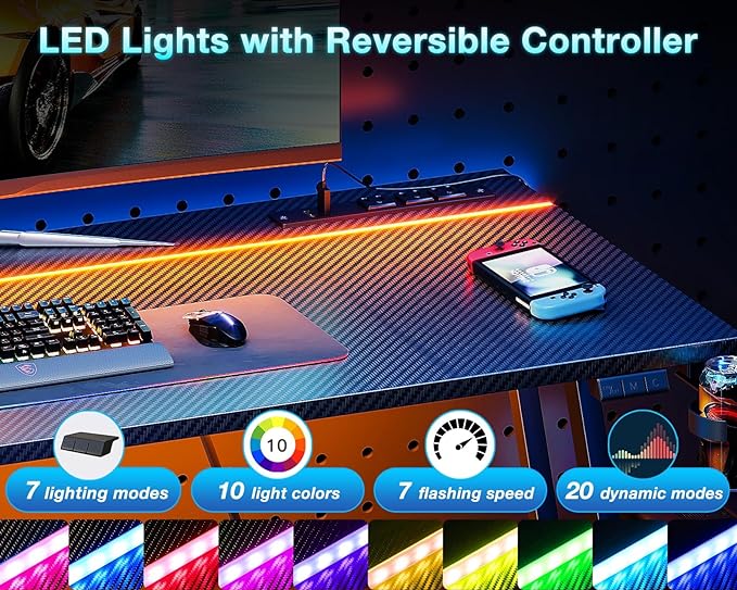 MOTPK Gaming Desk with LED Lights & Power Outlet, Computer Desk 55inch for Small Space, Cheap Gaming Table with Carbon Fiber Texture, Kids Desk Gift for Boys Men, Black - LeafyLoom