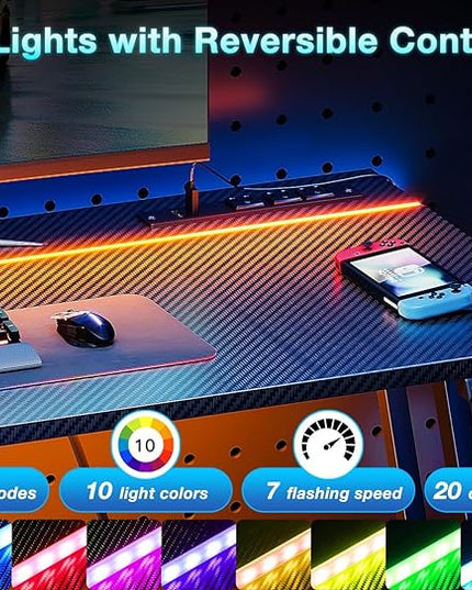 MOTPK Gaming Desk with LED Lights & Power Outlet, Computer Desk 47inch for Small Space, Cheap Gaming Table with Carbon Fiber Texture, Kids Desk Gift for Boys Men, Black - LeafyLoom