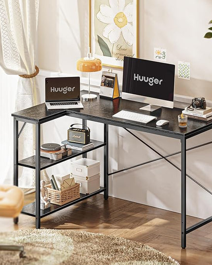 L Shaped Desk, 47 Inches Computer Desk with Reversible Storage Shelves, Gaming Desk, Corner Desk Home Office Desks, Writing Desk Study Desk with Metal Frame, Black - LeafyLoom
